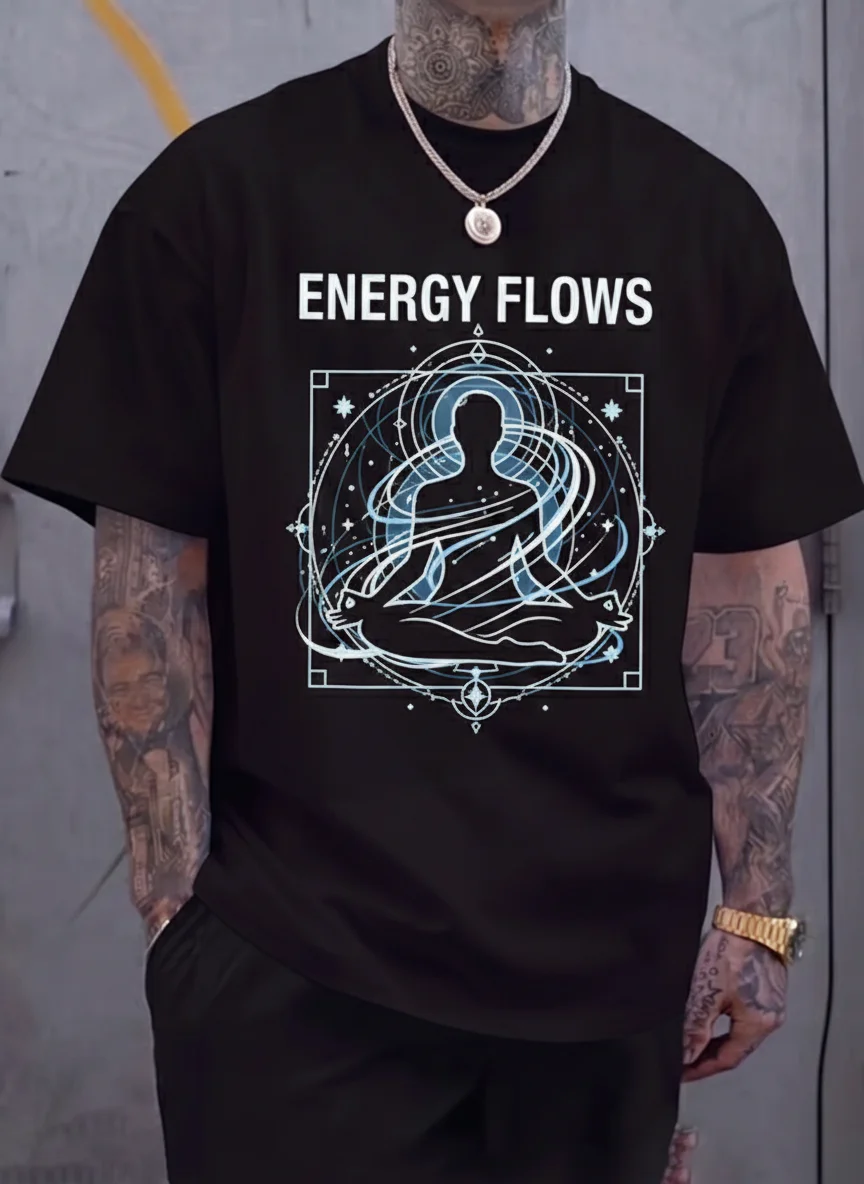 

Energy Flows Meditation Graphic Tee Printed Tee Spiritual Yoga Shirt with Neon Blue Cosmic Geometry Silhouette Unisex Top