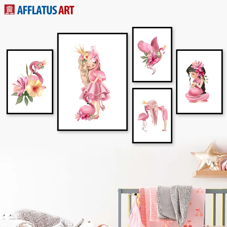 Lukisan Kanvas Cetak Estetika Minimalis Seni Dinding Bunga Flamingo Bayi Perempuan Mahkota Merah Muda untuk Dekorasi Rumah Modern Ruang Tamu