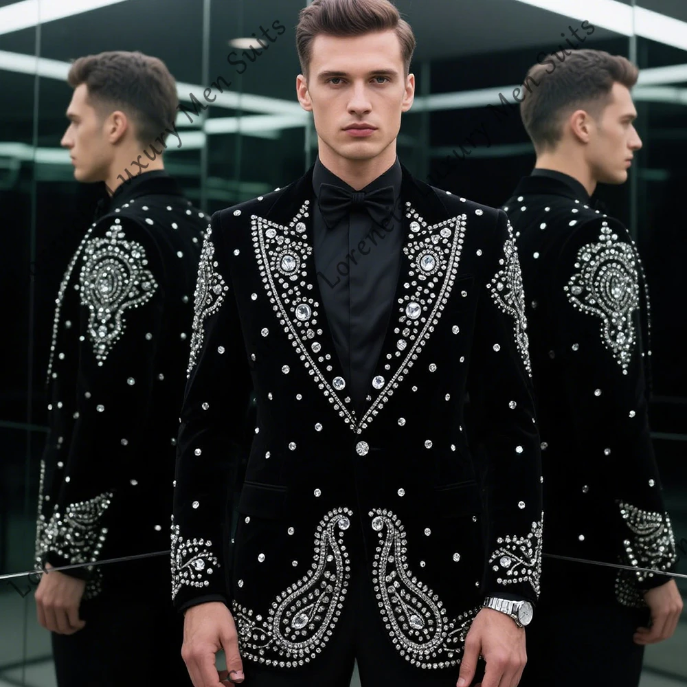 

Unique Crystal Male Suits 2 Pieces Single Breasted Wedding Tuxedos Groom Outfits 2025 Customized Blazer Pants roupas masculinas