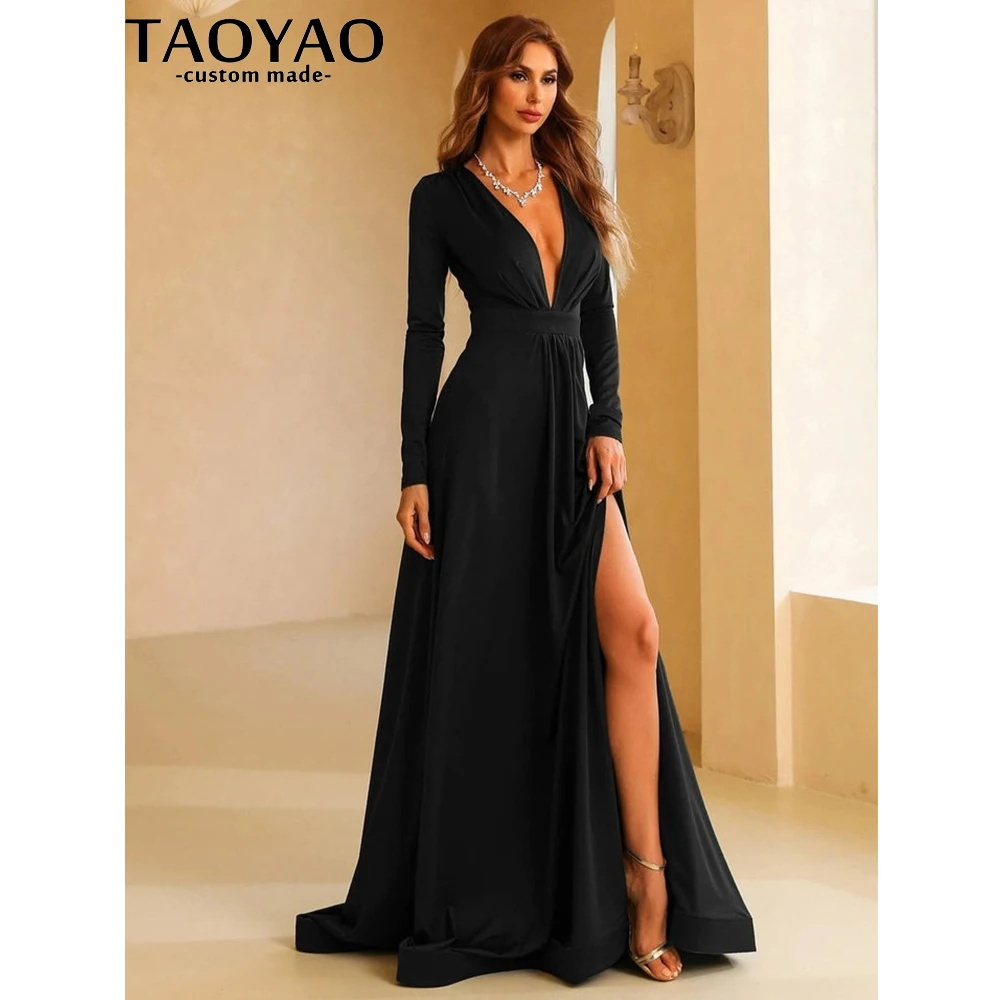 TaoYao Women Evening Dresses New Elegant A Line V Neck Prom Dresses Long Sleeve Split Thigh Formal Party Gowns Elegant 2023