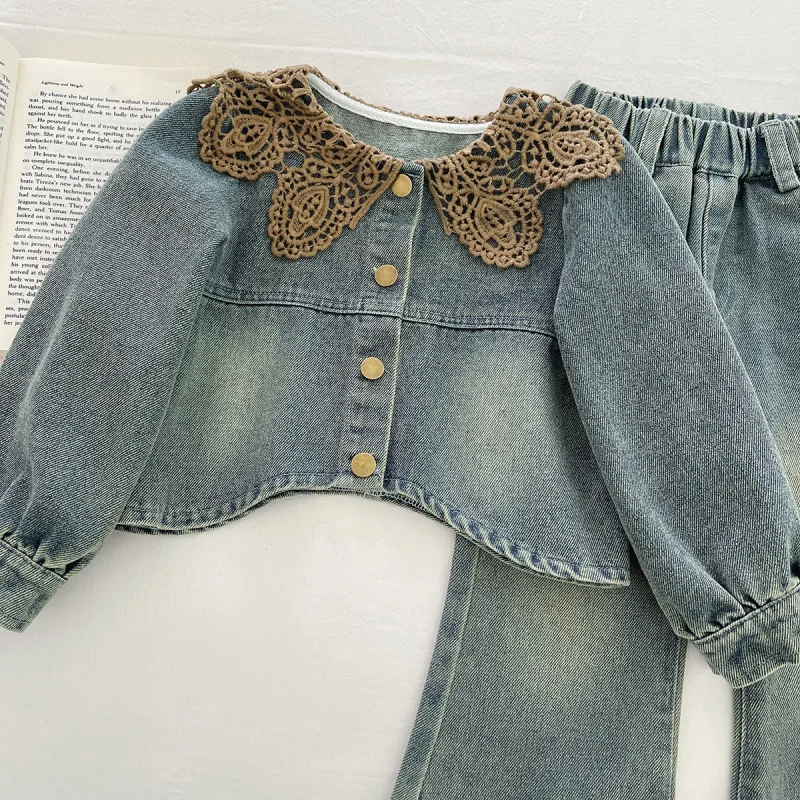 

2025Autumn New Girls' Denim Long Sleeve Long Pants Set Baby Stylish Soft Denim Set