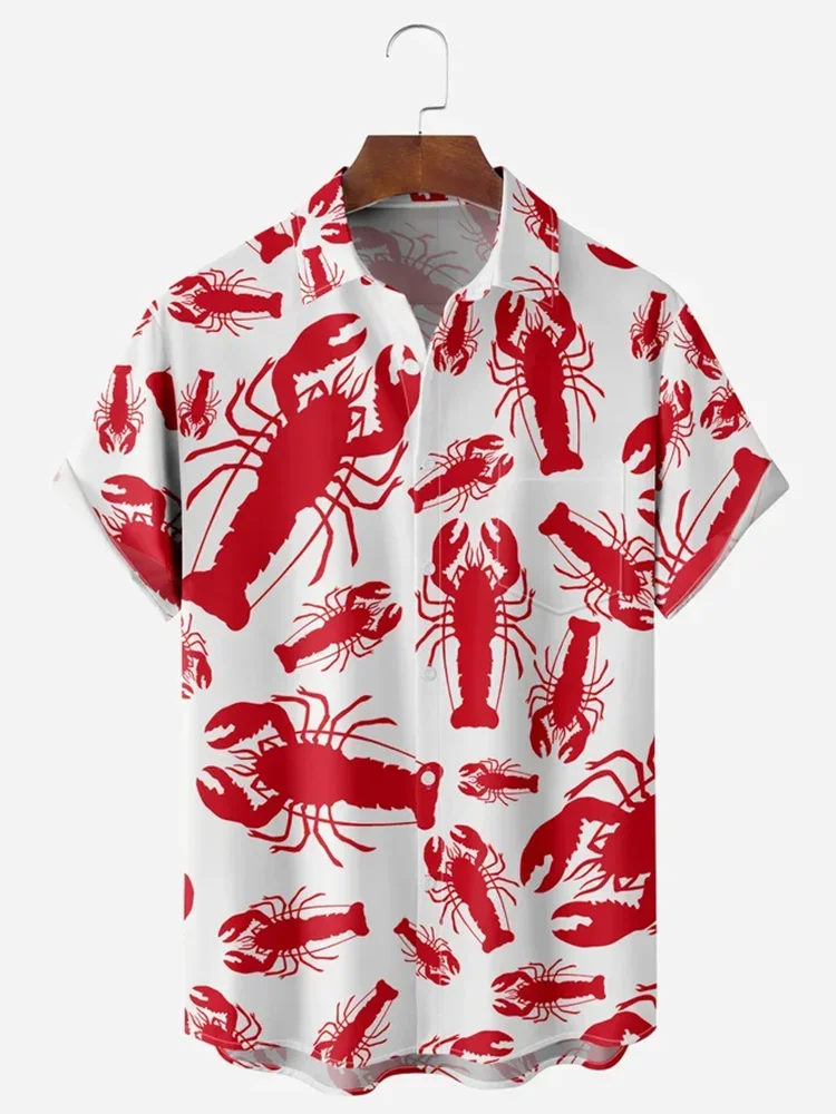 New Men\'s Shirt Big Lobster Print Hawaiian Men\'s Casual Lapel Top Comfortable Men\'s Short Sleeve Shirt Large Size Fashionable Be