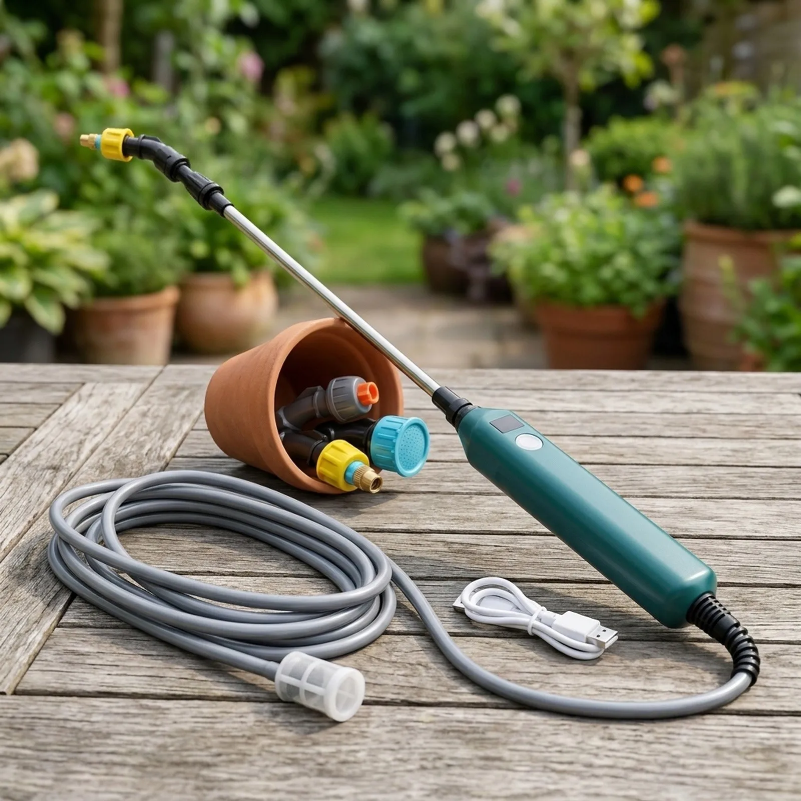 Rechargeable Electric Sprayer with Telescopic Wand Up to 5 Meters for Lawn Garden Indoor Plants Car Washing Tasks