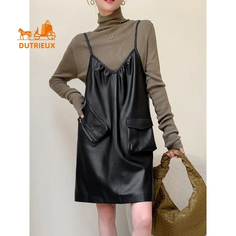 Herbstlicher Damen-Hosenträgerrock aus Leder, 100 % echtes Leder, Schaffell, modisches und elegantes Kleid für Damen