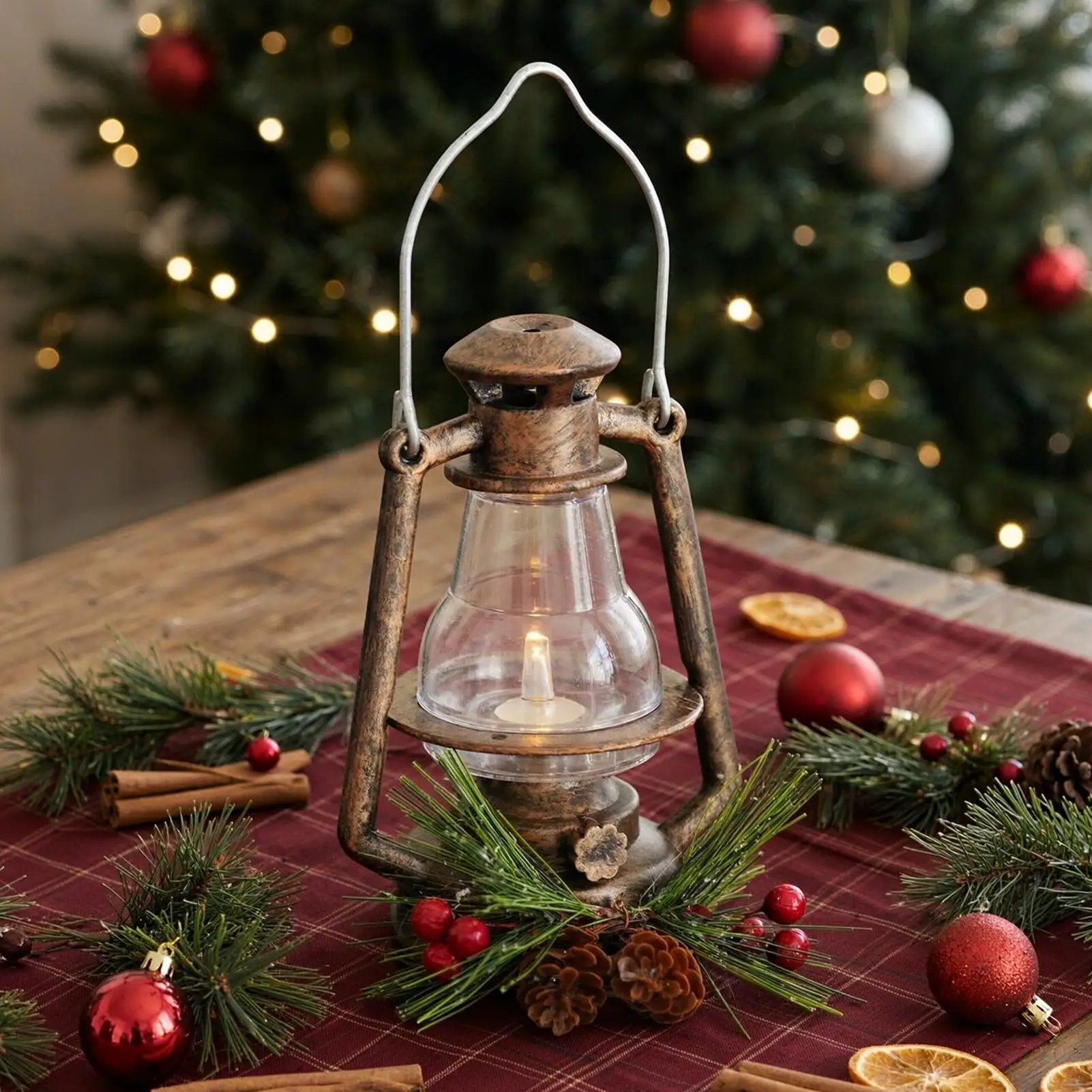 Christmas Lantern Vintage Decorative Hangable Holiday Table Centerpiece Christmas Lantern LED Candle Glow For Coffee Table