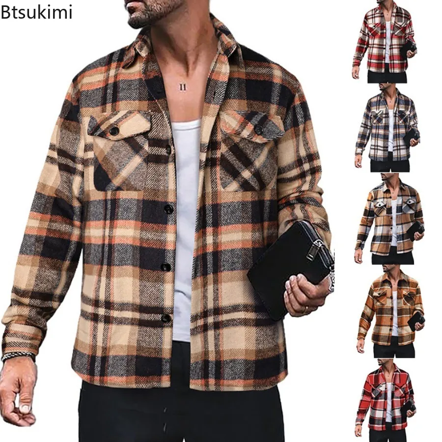 

New Spring Autumn Men's Long Sleeve Cotton Shirt Jackets Vintage Plaid Loose Casual Cardigans Men Double Pocket Button-up Coats