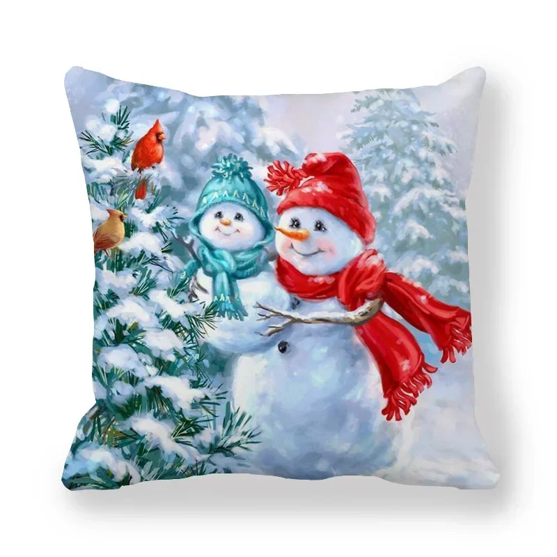 Merry Christmas Cushion Cover Gift Santa Snowman Angel Reindeer Robin Printed Pillow Cover Winter Home Decor Pillowcase