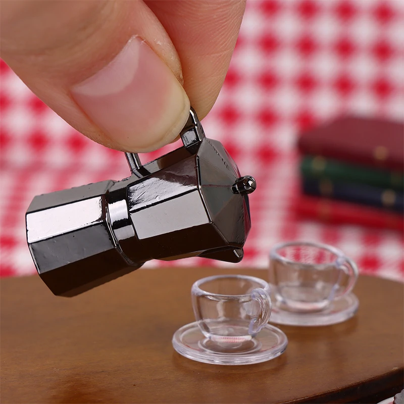 

1Set 1:12 Dollhouse Miniature Coffee Pot Metal Kettle Moka Pot W/Cup Tray Kitchen Home Model Decor Toy Doll House Accessories