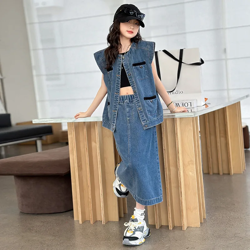 Girls Suits Denim Skirt Set 2024 New Spring Summer Children Blast Street Fashion Vest Children Two-piece Set Clothes Suits