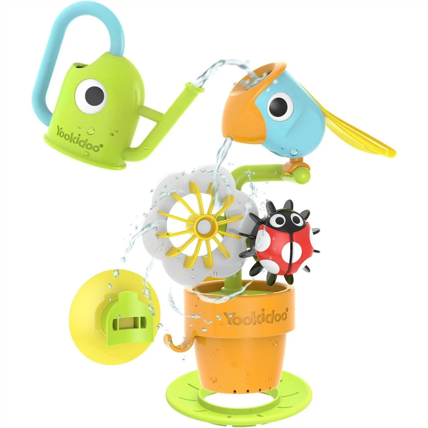 

Watering Can Baby Bath Toy for Toddlers 1-3, Spinning Ladybug & Tipping Bird with 3 Pieces, Attaches to Tub Wall for Easy