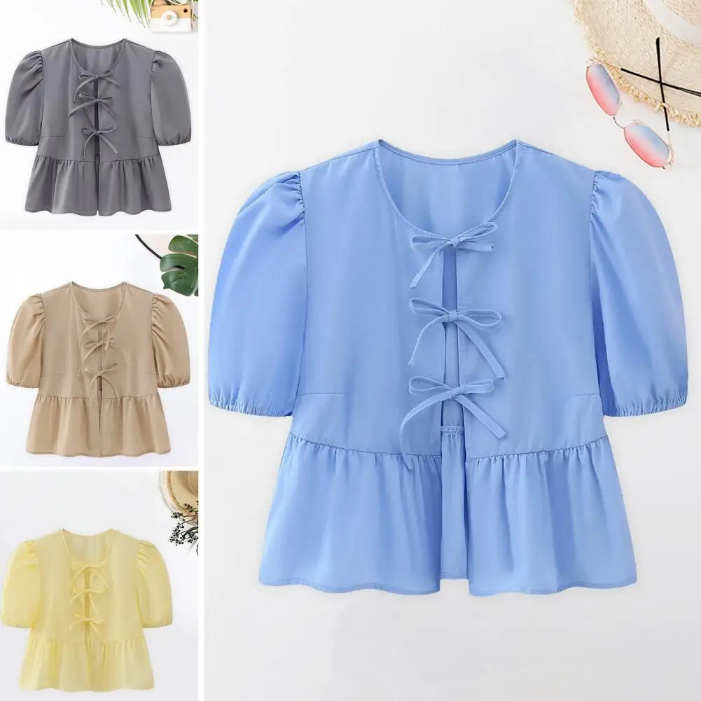 Round Neck Top Stylish Women's Casual Shirt with Puff Sleeves Ruffle Hem Lace-up Detail Solid Color Cropped Top for Streetwear