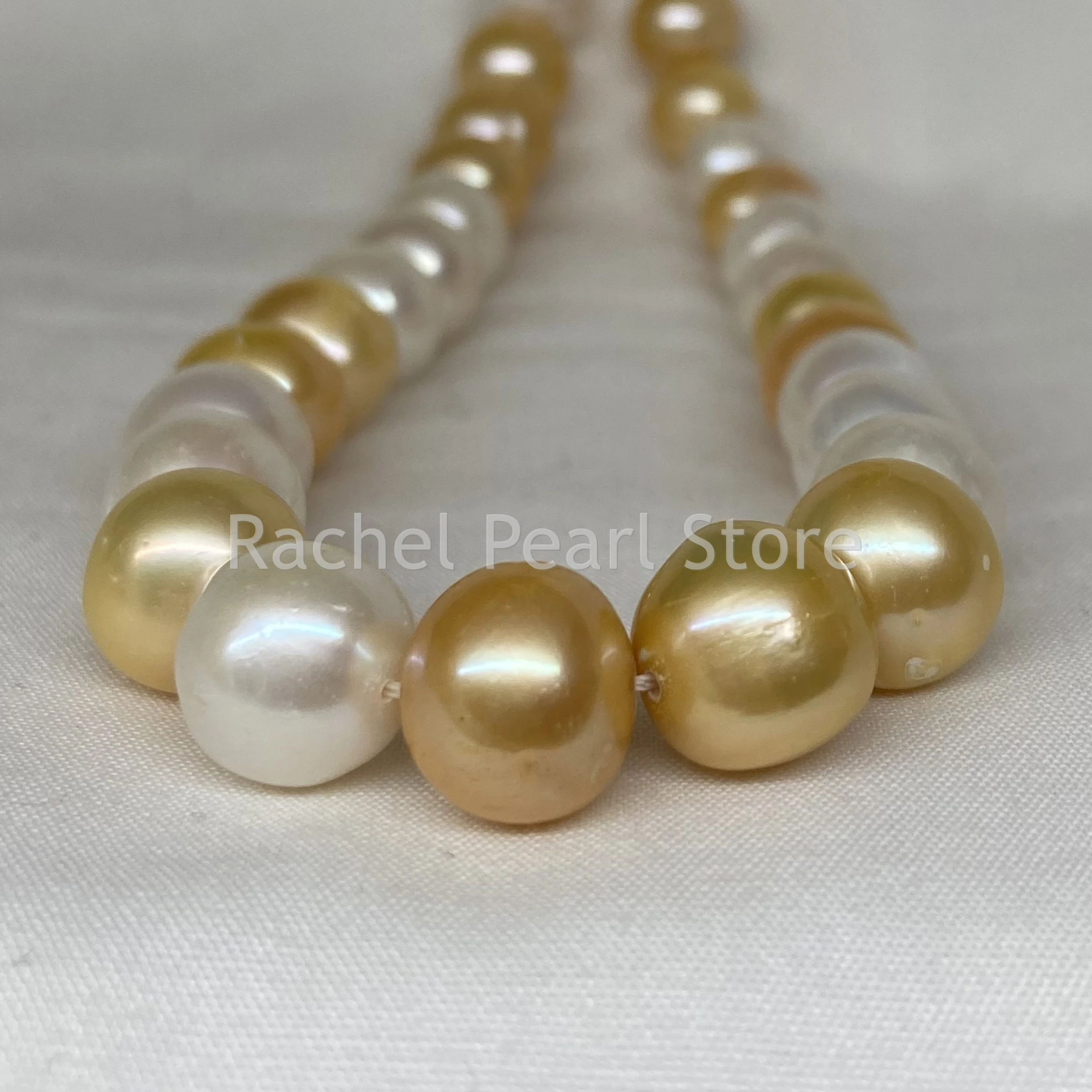 

Suberb Grace 17"11-13mm Genuine Golden White Round Pearl Necklace For Men Women Wedding Party 925 Sterling Silver