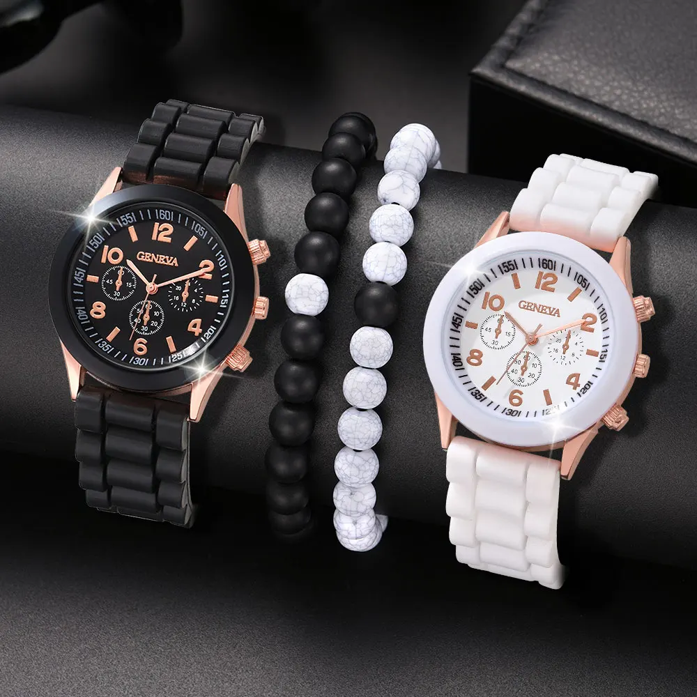 4 pçs conjunto elegante e minimalista relógio luxuoso masculino e feminino pulseira de silicone negócios e lazer pulseira relógio de quartzo ﻿