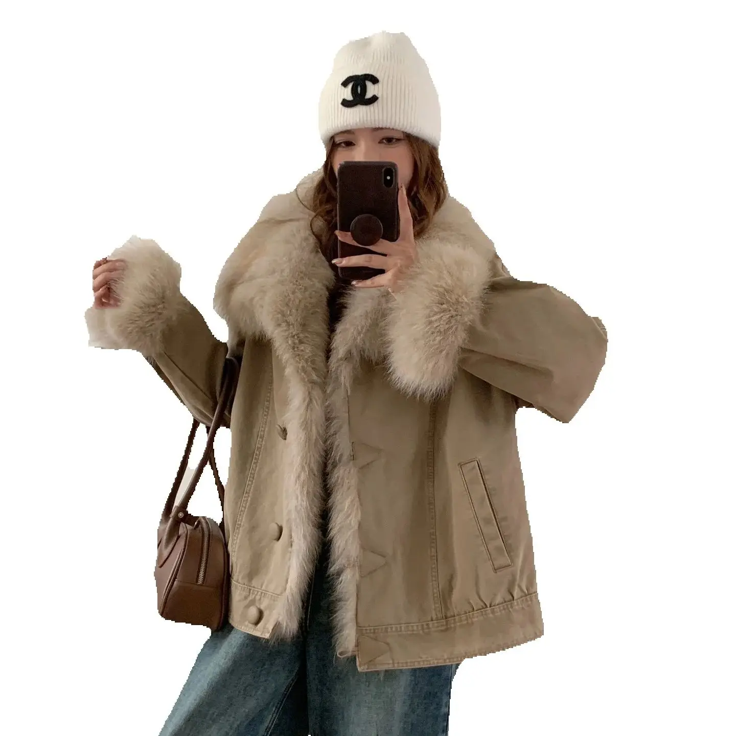 The new winter style of the "Workwear Parker 2025" fox fur coat with a front opening and a white goose down inner jacket for wom