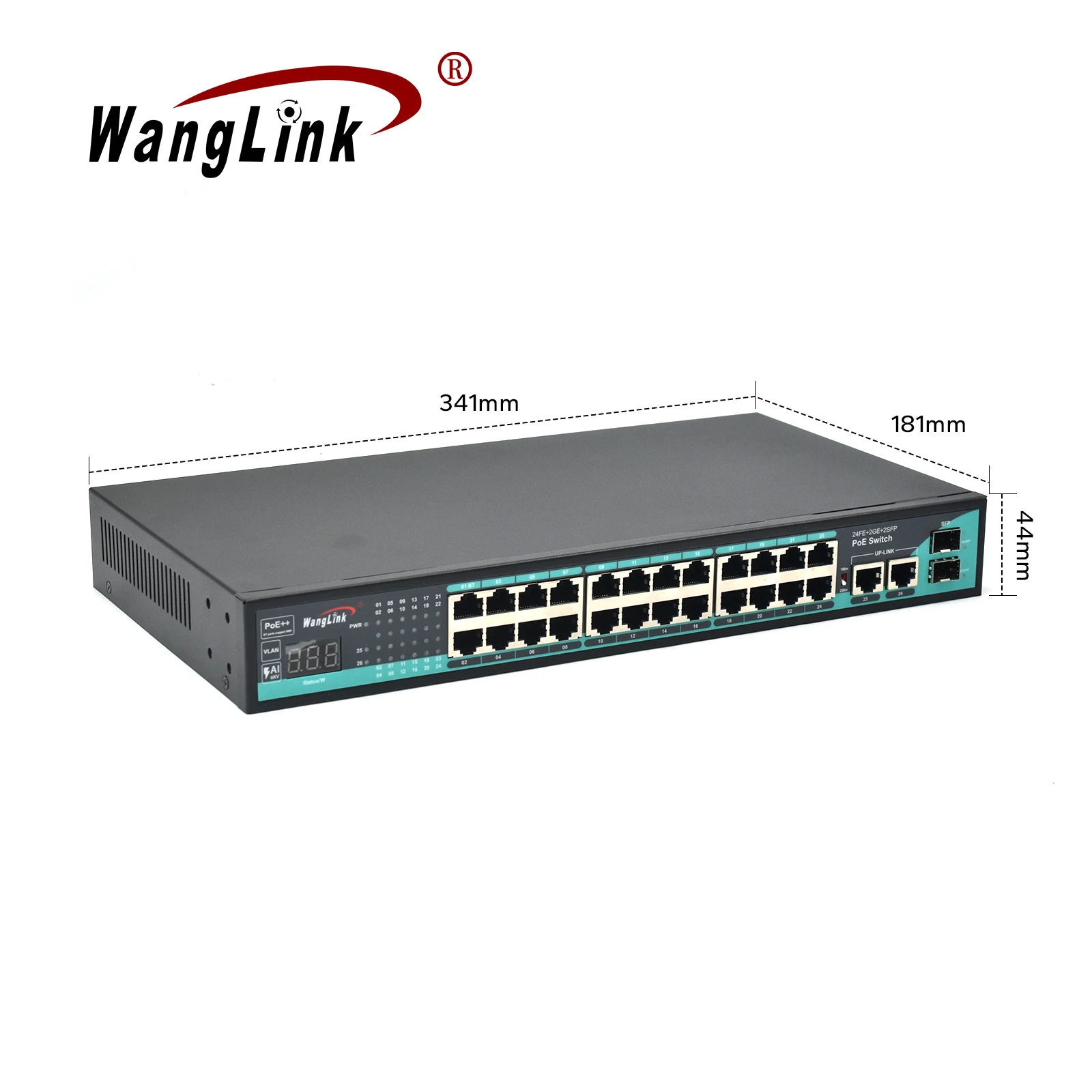 AI PoE Switch with Digital Display 10/100Mbps 24 Port+2 Gigabit RJ45 Uplink+2 SFP 320W Power 250m Long Distance SME Networks