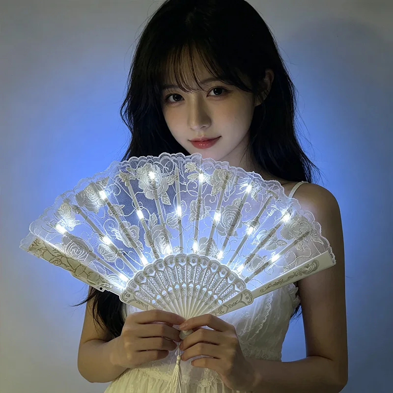 Holiday Party Supplies Hand Holding Folding LED Lace Fans Girls Women Carnival Show Decor LED Light Up Fan Glowing In The Dark