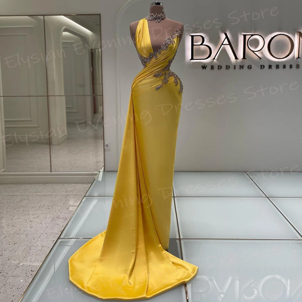 Arabia Modest Yellow Women\'s Mermaid Generous Evening Dresses Sleeveless Beaded Prom Gowns Appliques Formal Party فساتين سهرة