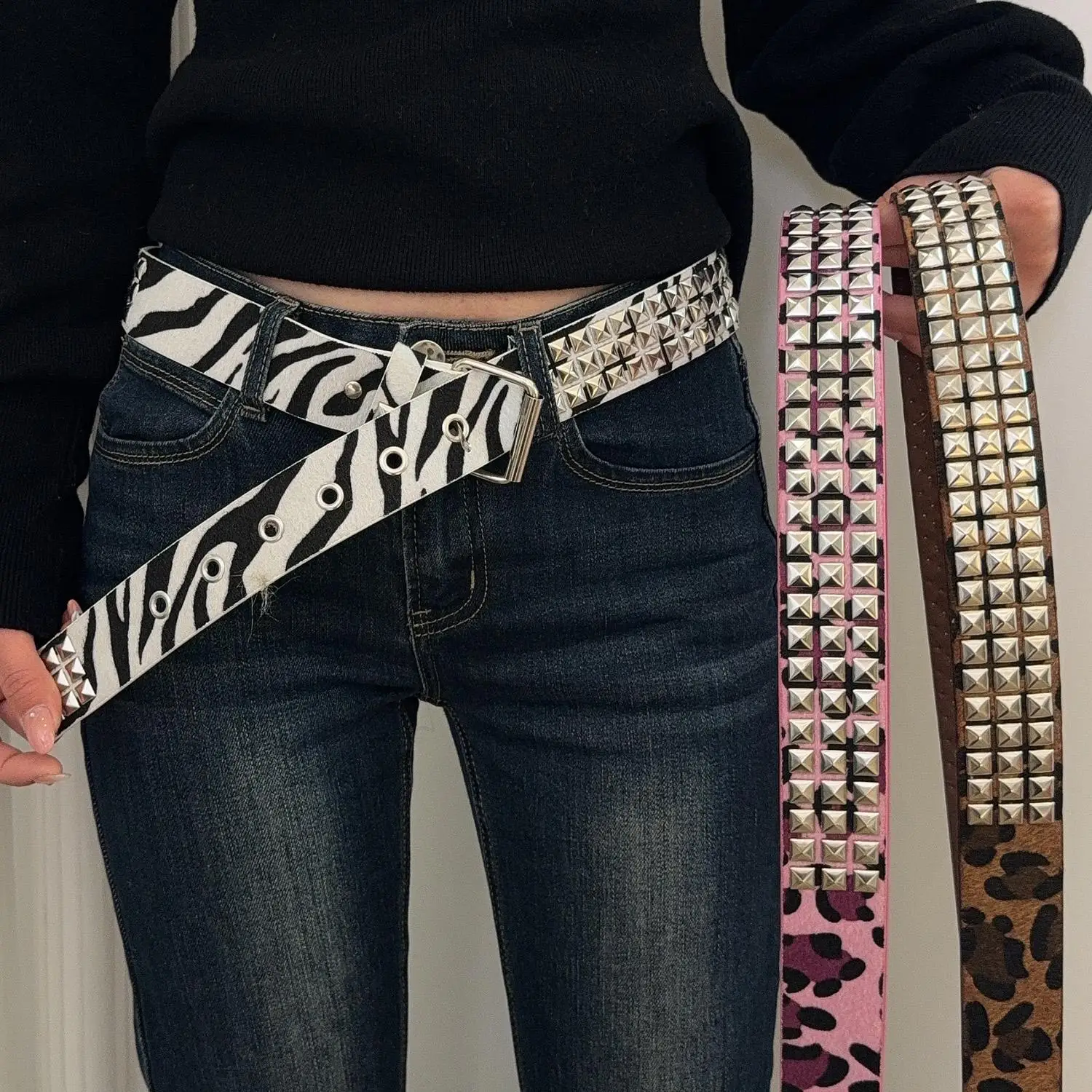 Y2K Leopard Print Studded Belt Women Punk Streetwear Waist PU Leather Metal Rivet Hip Hop Jeans Dress Accessories Retro Fashion