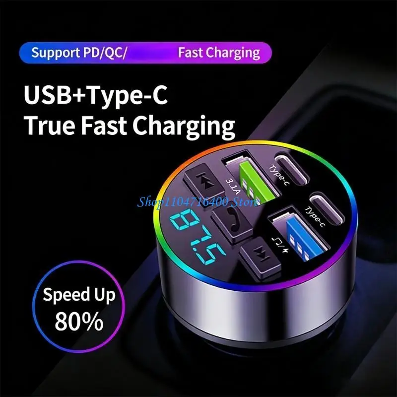 

y1gd FM Transmitter Car Chargers Handsfree MP3 Player Fast USB Type C Charging Adapter