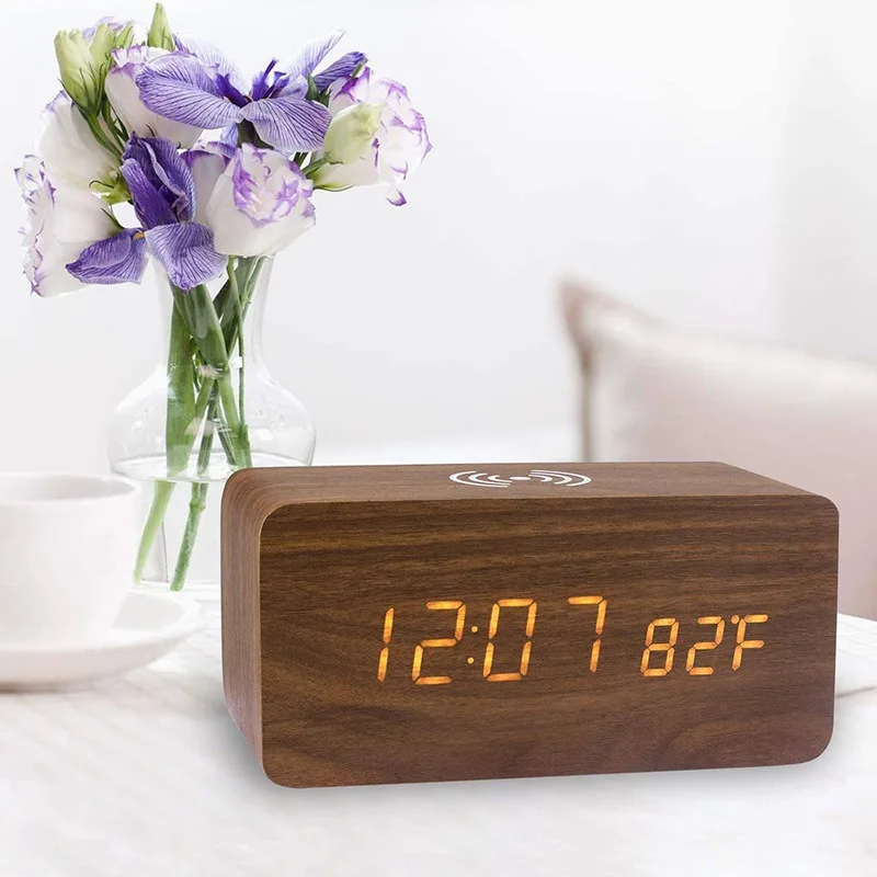 Temperature and humidity clock Wooden smart alarm clock Bedroom mobile phone wireless charging Wood clock