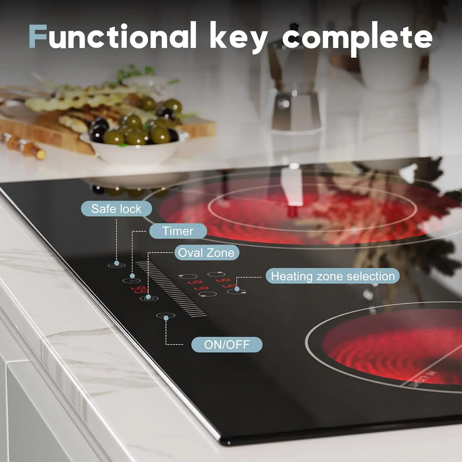 مسطح سيراميك كارينير 4 مناطق 60 سم مدمج، منطقة بيضاوية قابلة للتوسيع، تحكم منزلق، قفل أمان، مؤقت، بدون قابس، سلكي صلب #6