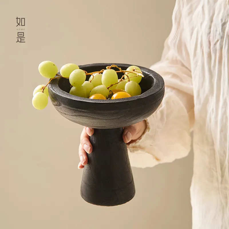 Wabi Sandy Wind Black Tall Fruit Plate Retro Old Dried FruitPlate Solid Wood Pallet Wooden FruiPlate Ornament