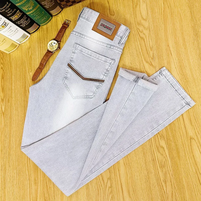 

Summer Thin Light Gray Jeans for Men2024New Breathable Stretch Slim Fit Feet Washed High-End Affordable Luxury Trousers