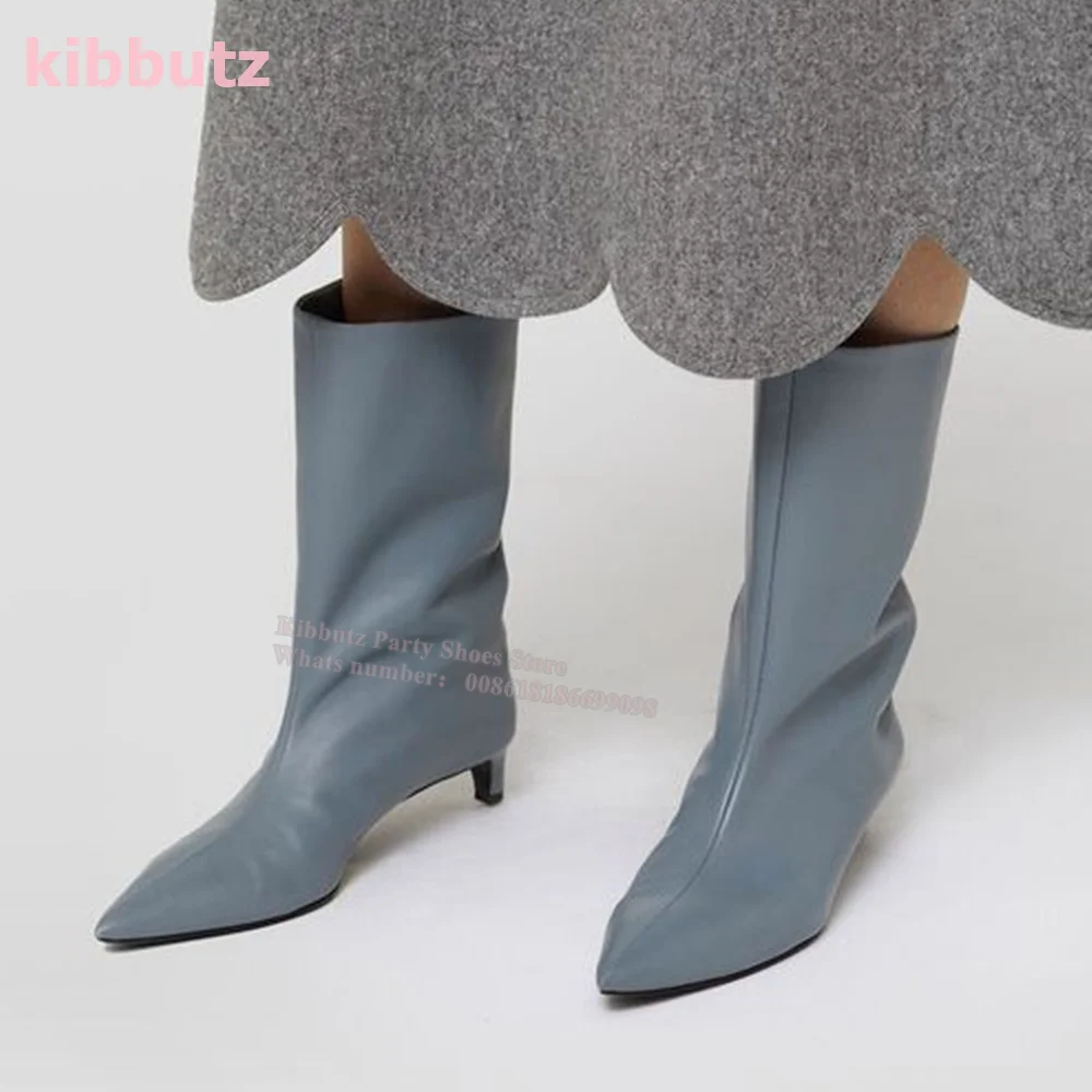 Echtes Leder Mittelkalb Stiefel Chelsea Spitzschuh Kitten Heel Breite Öffnung Ärmel Slip-On Einfarbig Mode Sexy Elegante Frauen