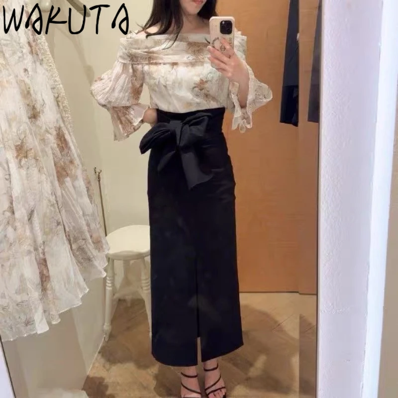 Wakuta Japan High Waist Temperament Skirt Slim Fit Split Mid-length Elegant Mujer Faldas Lace Up Moda Straight Woman Skirts