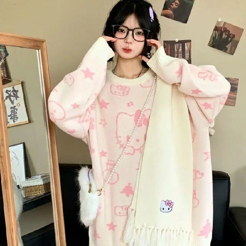 

Свитер Hello Kitty Kawaii для девочек, вязаный свитер с круглым вырезом, милые топы в студенческом стиле с героями мультфильмов, новые свободные и удобные стили средней длины