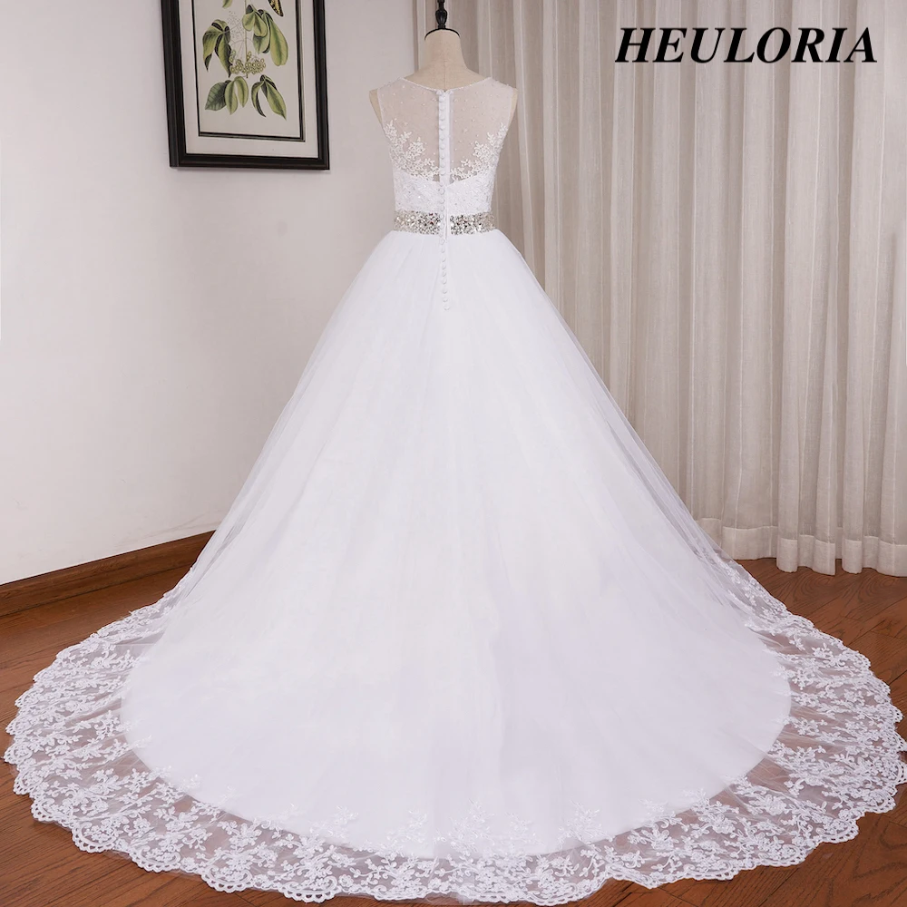 Heiloria vestido de baile de princesa, vestido de novia, cuello redondo, apliques de encaje, cinturón de lentejuelas, cuentas, tren de corte