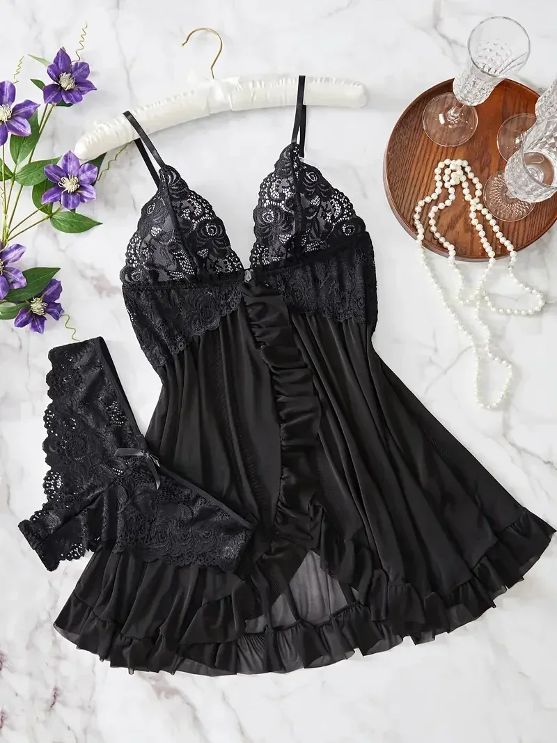 Women Nightdress Sexy Lace Chemise Bow Nightgown Sleepwear Solid Slim Soft Dresses V Neck Full Slip Sleepwear & Dresses