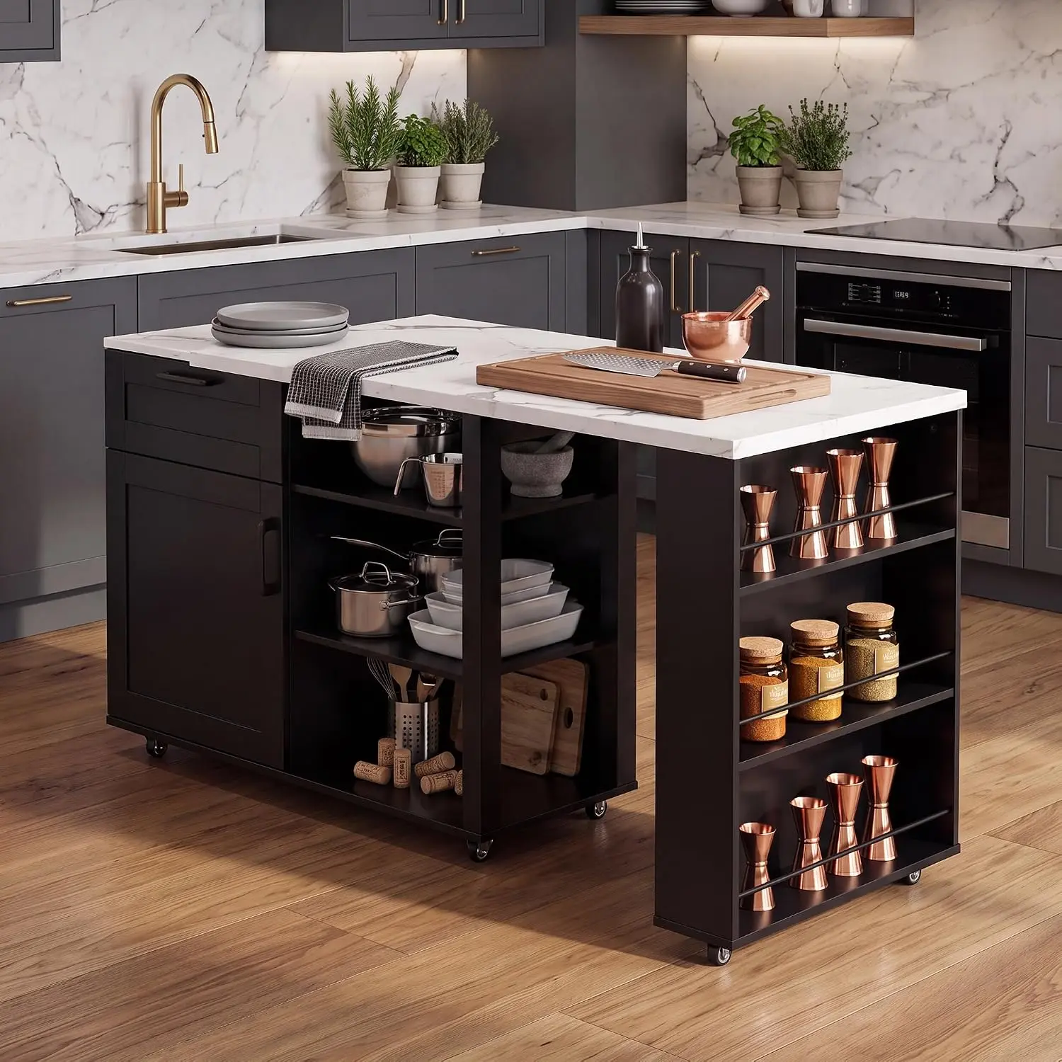 Rotating Kitchen Island Cart with Cabinet, Drawer, Shelves, Spice Racks & Locking Wheels for Dining, Black, Customized