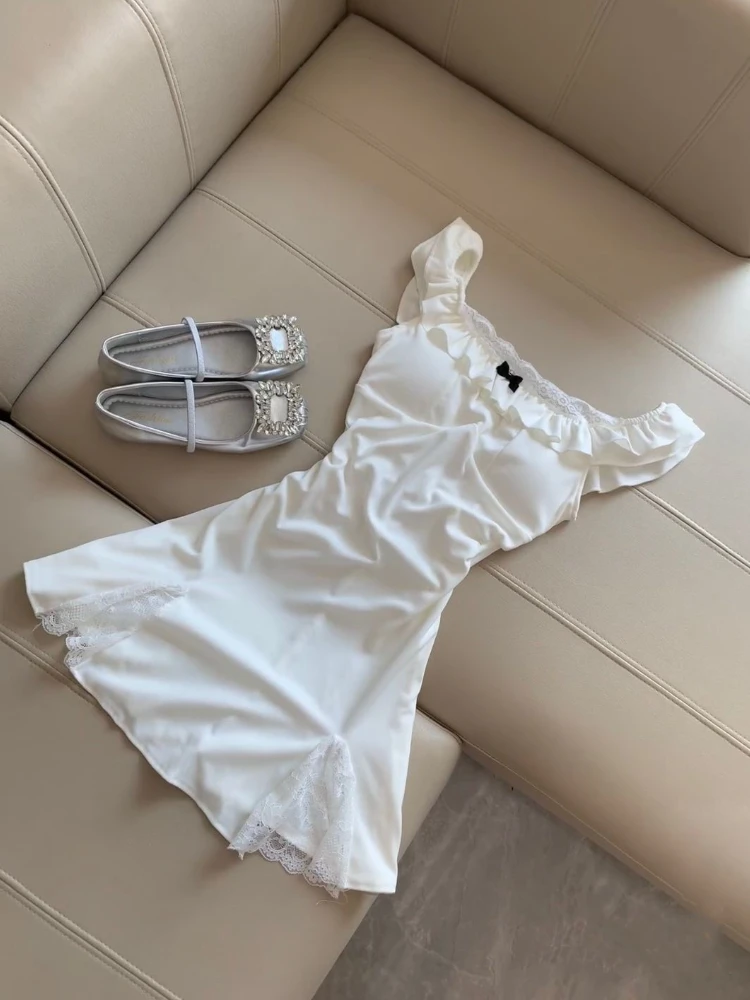 

Summer Cute France Elegant Lace Slim Patchwork Women Dress Design Sweet New Sleeveless White Dress Pretty Bow Skinny Thin Dress