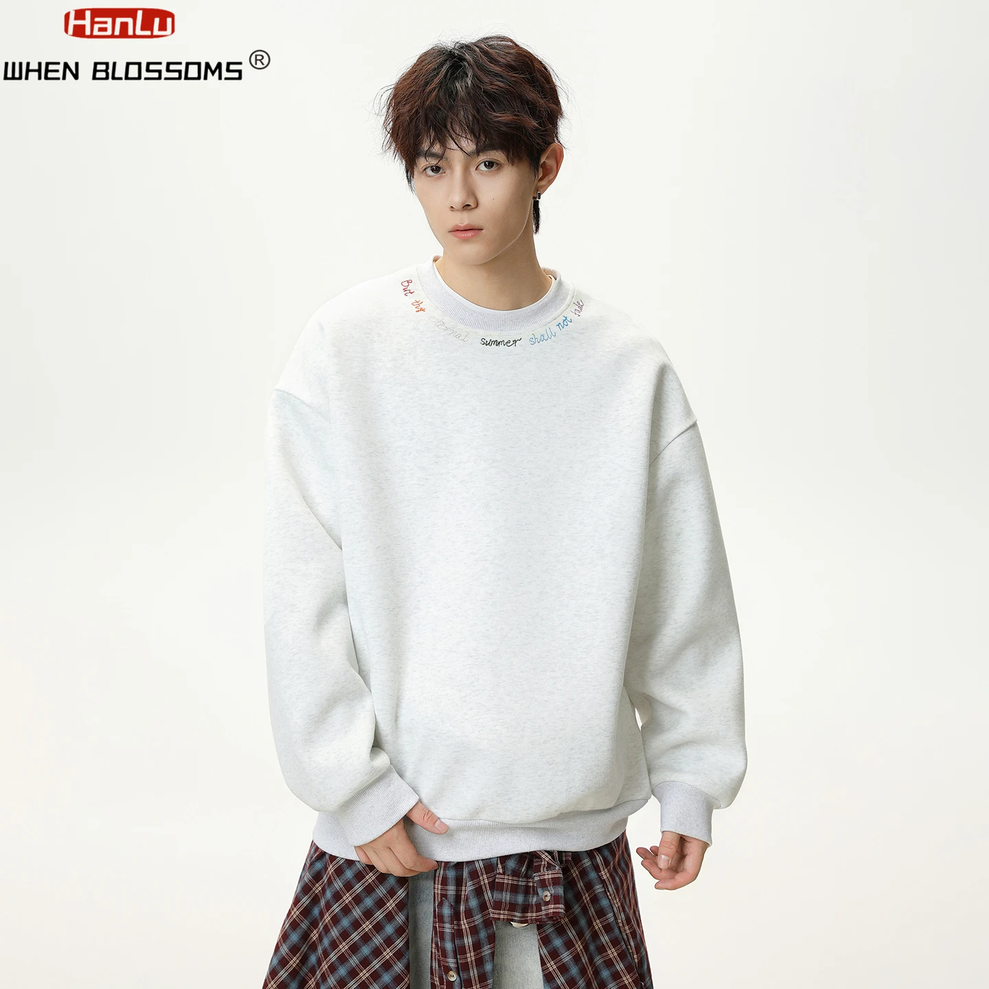 HANGLU 2025 Men's Heavyweight Crewneck Sweatshirt Rainbow Color Block Embroidered Letter Oversized Streetwear Pullover