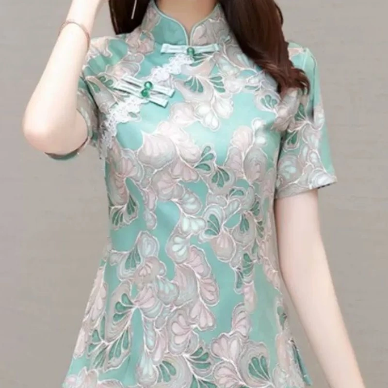 Retro Improved Cheongsam Top for Women with Short-sleeved Slim Temperament and Age-reducing Printing Shirt
