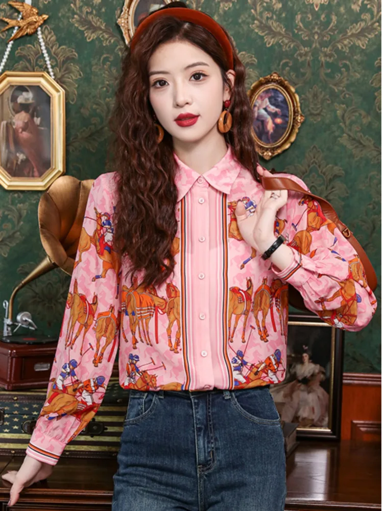 #3134 Spring Pink Printed Satin Shirt Women Turn-down Collar Office France Style Vintage Womens Tops And Blouses Slim Fit