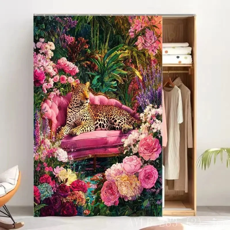 VIKAMA Tropical Leopard Floral Cabinet Curtain Oil Painting Style Print Fabric Dust-proof Curtain Home Storage Decor