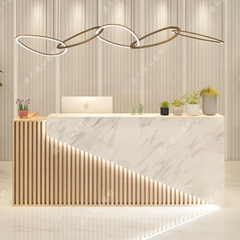 Simple modern company office front desk checkout page hotel lobby reception desk bar barber salon counter table