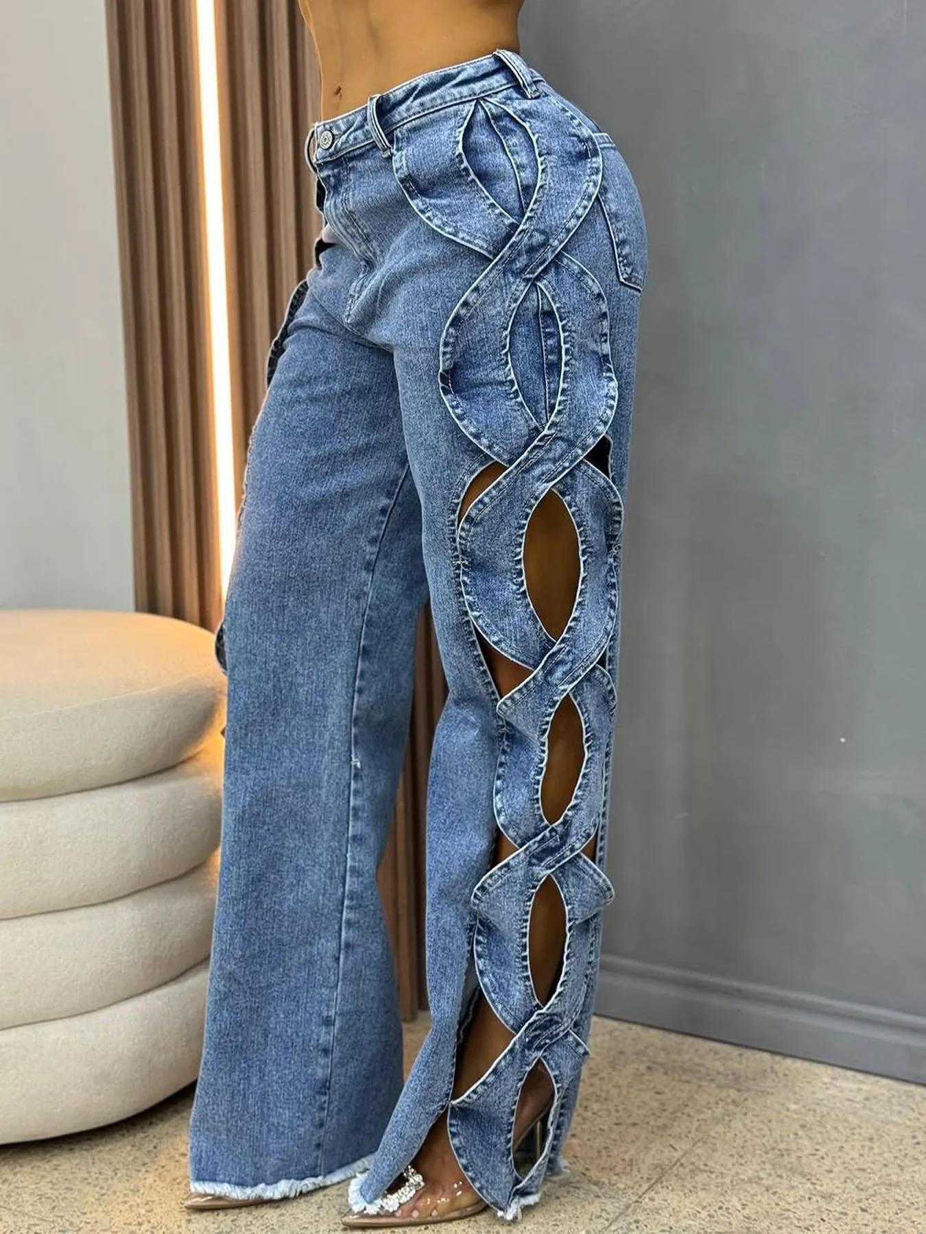 Women's Vintage Distressed Denim Pants With Side Cutouts Summer Casual High Waist Straight Leg Jeans For Women Y2K Chic Pants