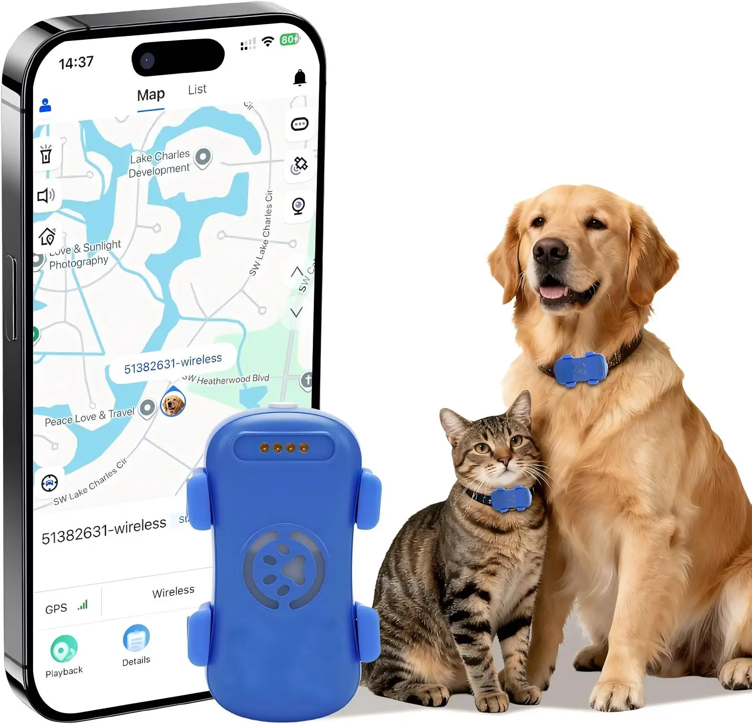 GPS Pet Tracker 4G for Dogs & Cats Built-in SIM with Real-Time Tracking, WiFi Home Positioning, IP67 Waterproof, Plan Required