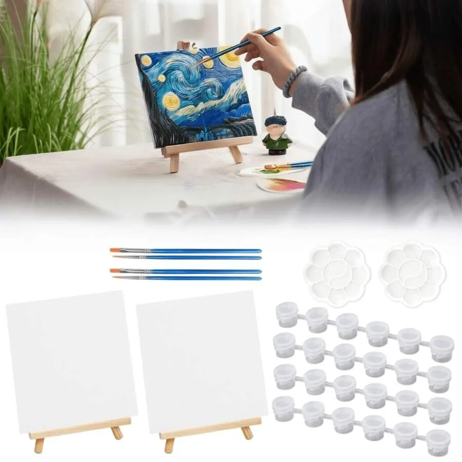 Set Of 2 Painting Kits For Adults And Couples - Sip And Paint Kit For Date Night And Crafts - Acrylic Painting Kit With Canvas