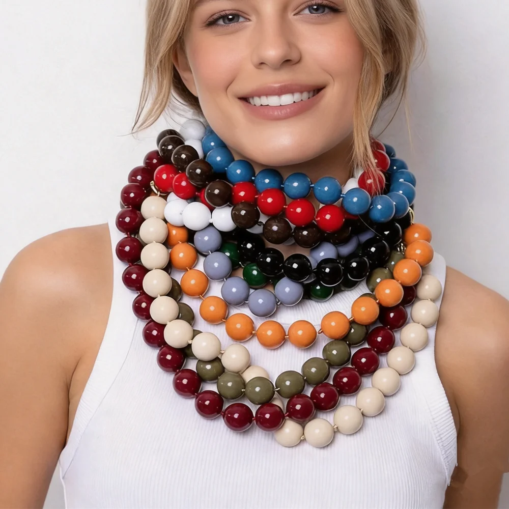 New Retro Colorful Acrylic Big Round Beads Choker Boho Trendy Handmade Knot Rope Necklaces for Women Man Statement Jewelry Gift