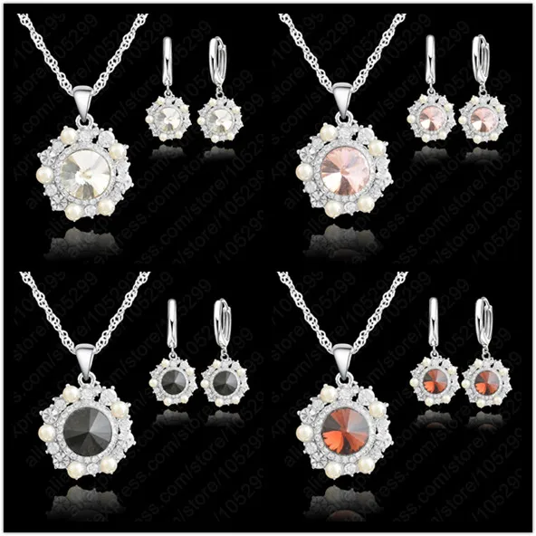 Greece Zircon Crystal Pendant Necklace Loop Earring Wedding Engagement Jewelry Set 925 Sterling Silver Color For Woman Bridal