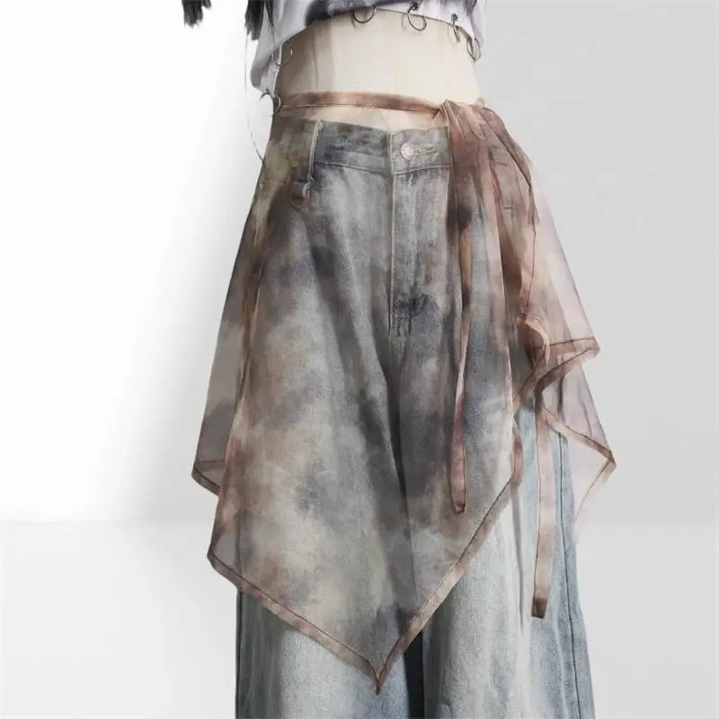 

Summer See Through Mesh Skirt For Women 2025 New High Waist Lace Up Skirts Fashion Vintage Tie-dye Faldas Sexy Mujer