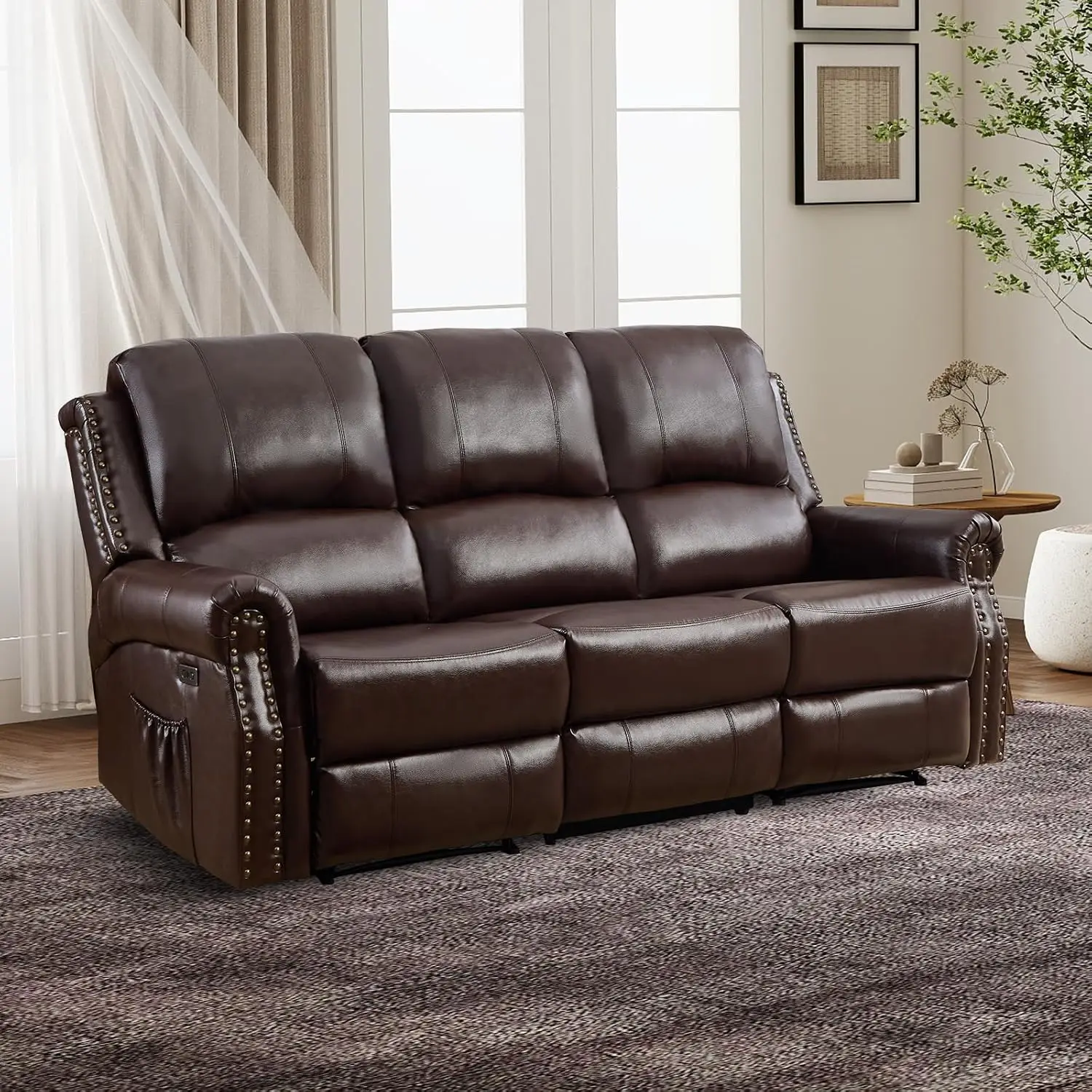 Faux Leather Power Reclining Sofa 3 Seat Electric Recliner with Rivet for Living Room Office, Customized