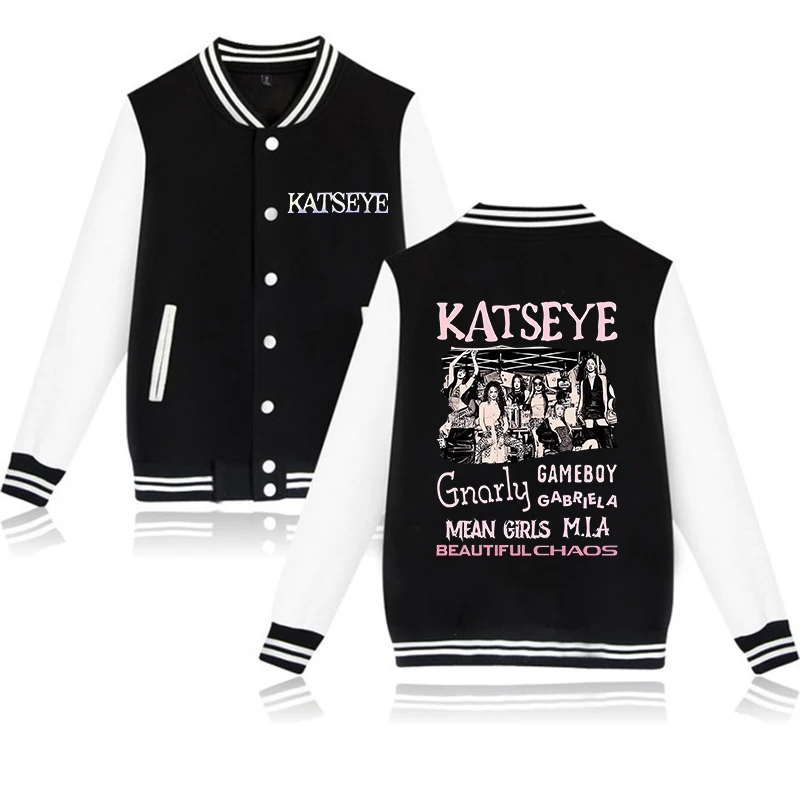 Hot Katseye  Print Baseball Jacket Hoodies Women Men Graphic Jacket Sweatshirts Fashion Vintage Coats Streetwear  custom pattern