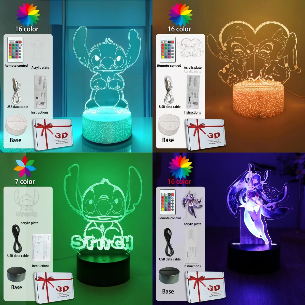 LED Night Light Illusion Stitch Lamps Remote Control Smart Touch Home Room Decor Lamp Christmas Valentine's Day Birthday Gifts