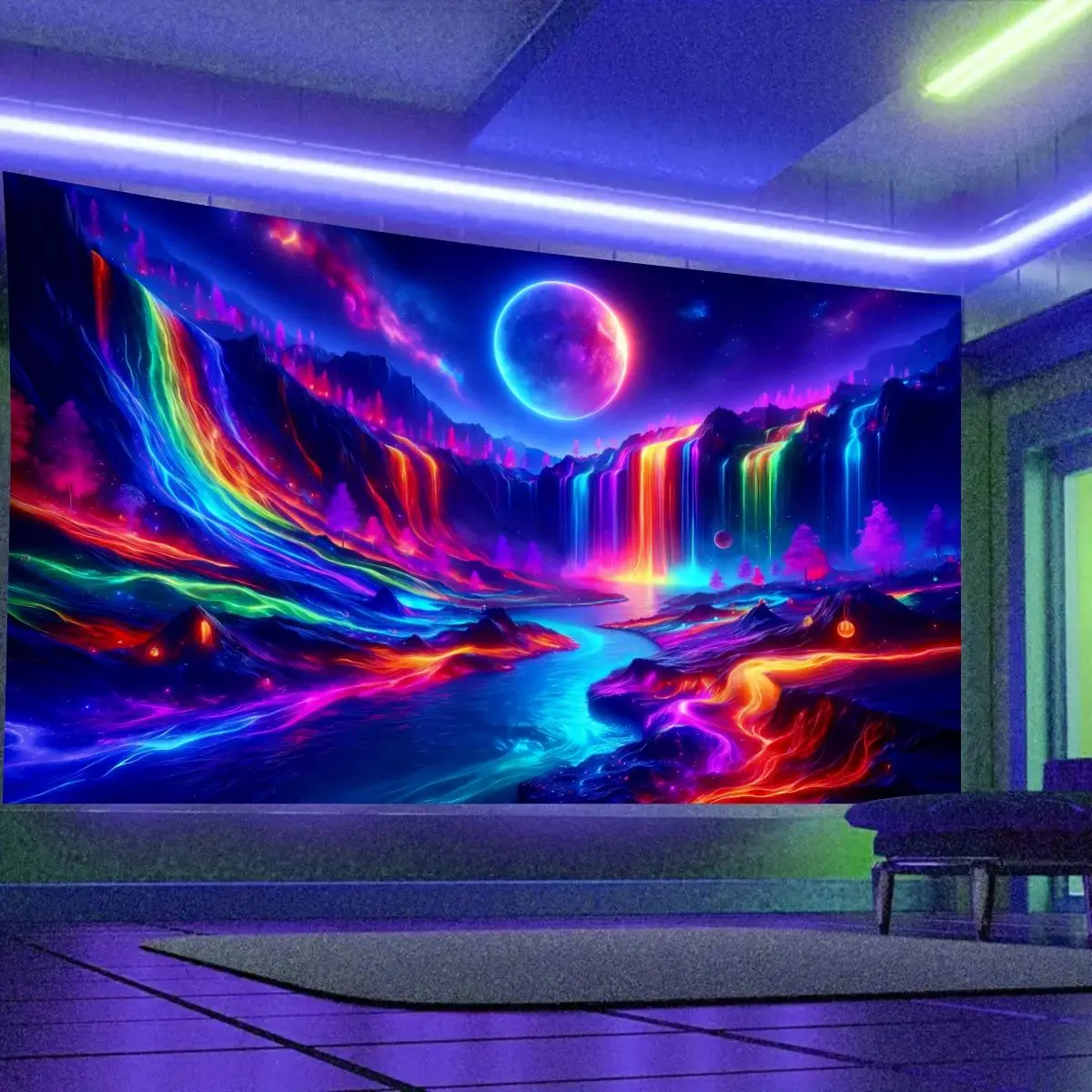 VIKAMA-tapiz panorámico que brilla en la oscuridad, cascada, galaxia, arte de pared del dormitorio, ambiente curativo de fantasía inmersivo