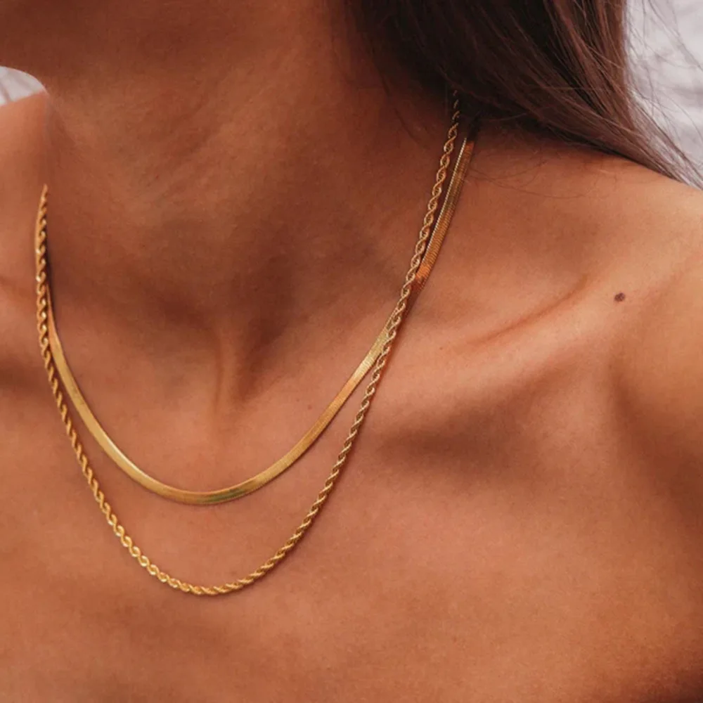 Gold Plated Stainless Steel Double Layer Herringbone Rope Chain Necklace Tarnish Resistant Waterproof Hypoallergenic Jewelry